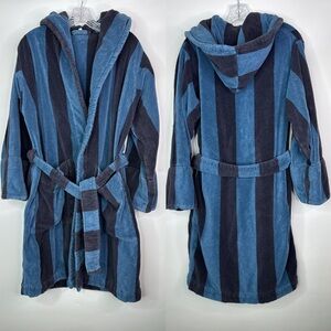 Tekla Black Navy Hooded Terry Organic Cotton Bathrobe Size Small